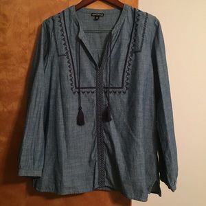 J Crew chambray embroidered neck top. Worn 1x